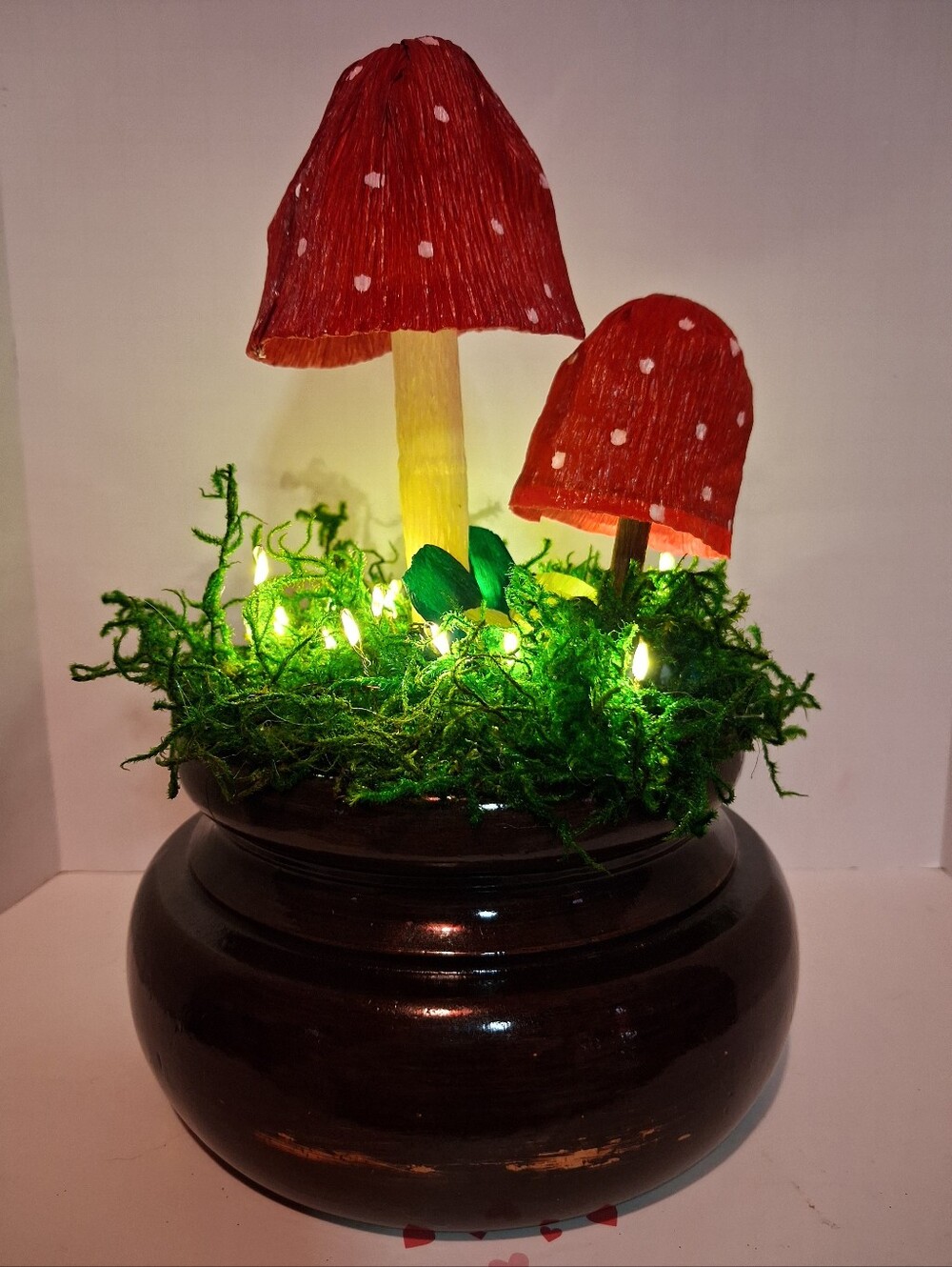 Handcrafted Red Mushroom LED Fairy Lights Mossy On Wood Base- Home Decor